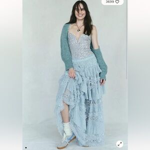 Free People Turn It Up Half Slip Ruffle Lace Maxi Skirt Blue